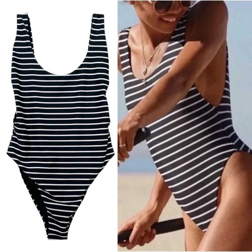 Aerie Classic Black and White Striped One-Piece Swimsuit